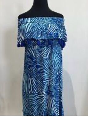 Off-Shoulder Blue Print Maxi Dress